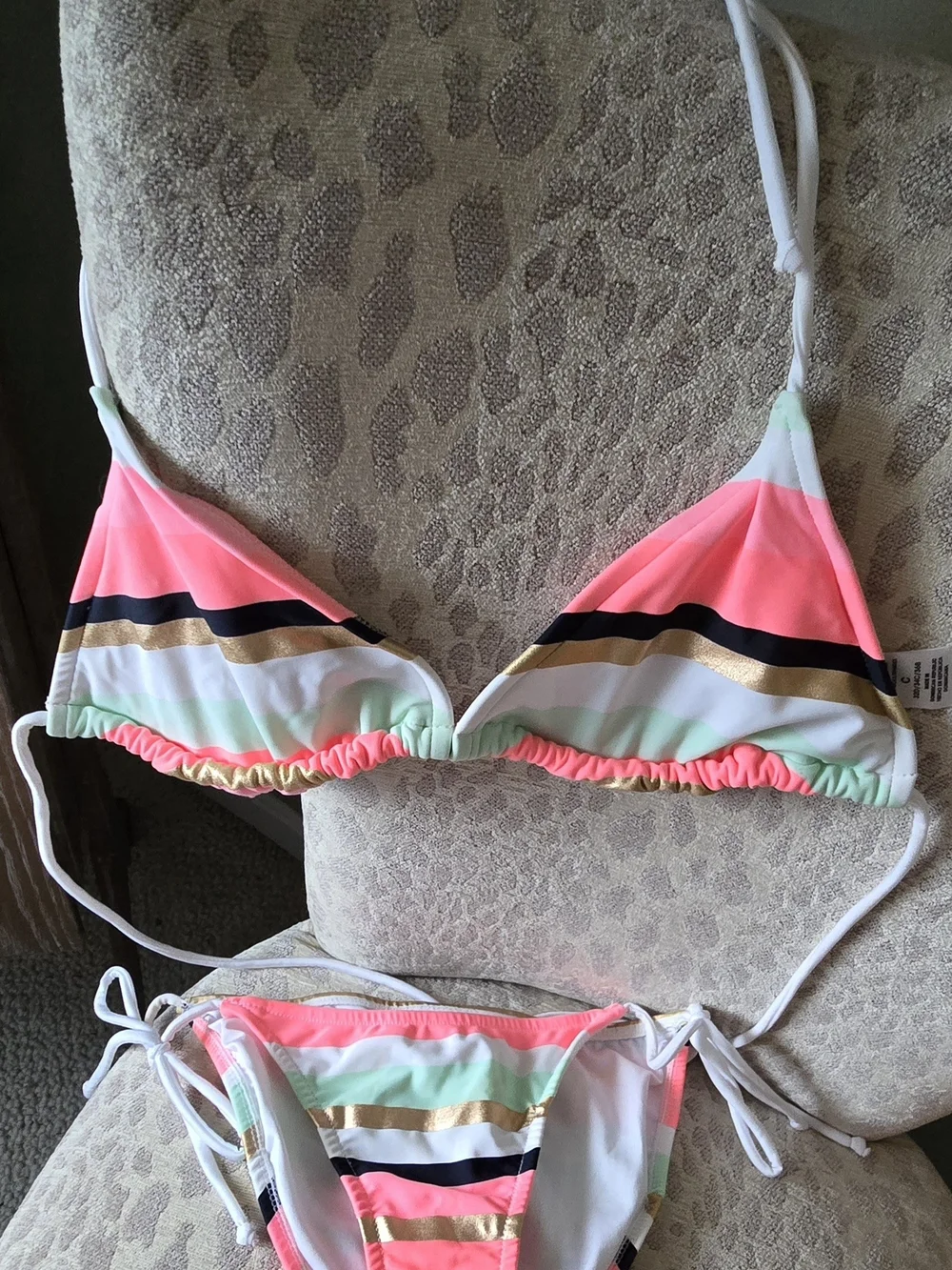 VENUS Swimwear Coral, Mint, Balck & Gold Stripe Tie Bikini Set, NWOT